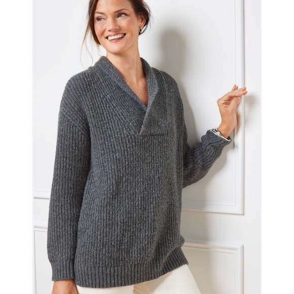 Talbots Shawl Collar Shaker Stitch Wool V Neck Pullover Sweater Oversized Small - Picture 1 of 9